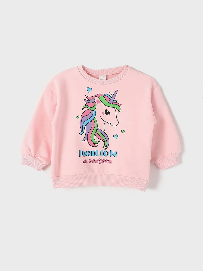 سويت شيرت كم طويل مطبوع تخين بياقة دائرية للبنات الرضع