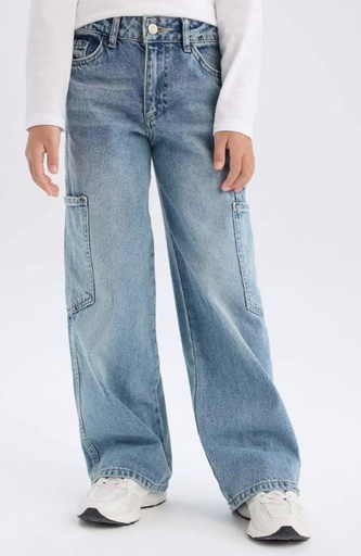 [D7386A8NM39] بنطلون بناتي جينز برجل واسع بجيب كارجو *